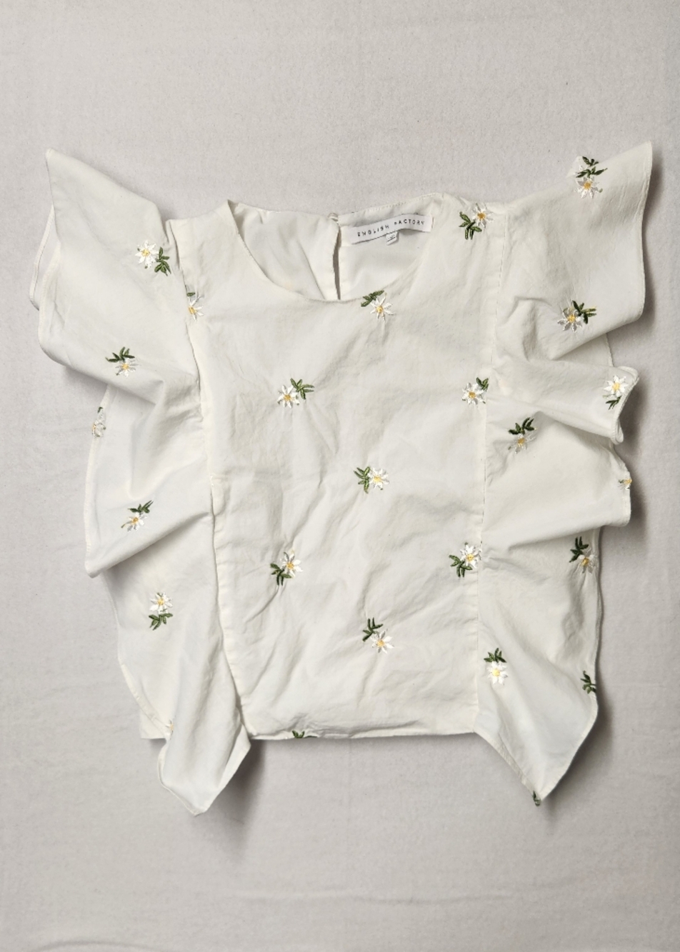 Womens White Embroidered Daisy Ruffle Sleeve Floral Top Parisian Chic - Sz S